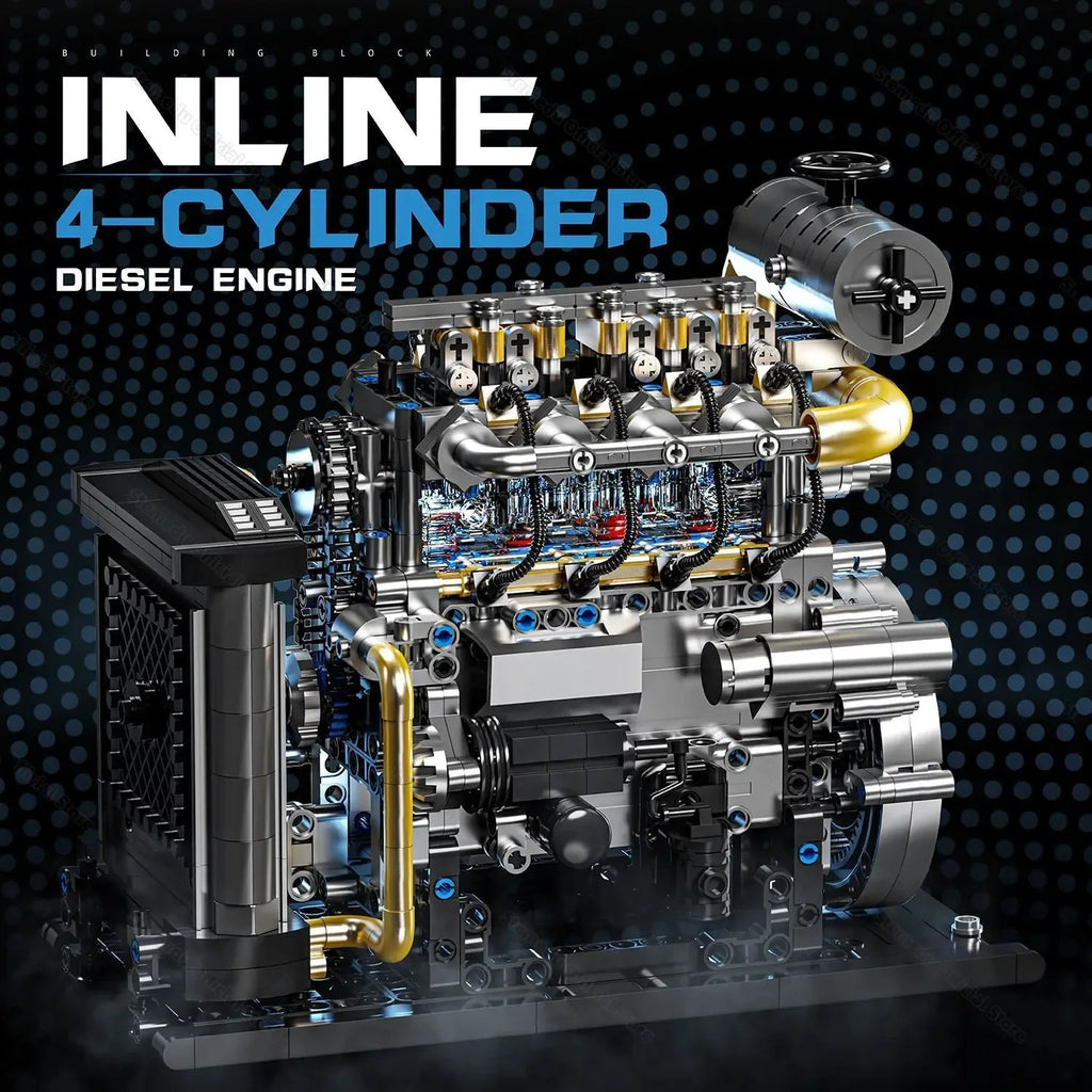 GQ3706 Diesel Inline 4-cylinder Simulation Engine Model 1029PCS Building Blocks Handmade Assembly Ornament STEM Gift Toys
